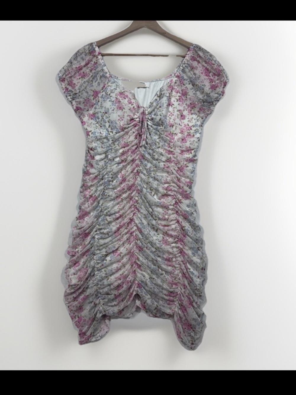 Steve Madden Mesh Ruched Fitted Mini Dress Size XXL Pastel Floral Romantic - Picture 2 of 6